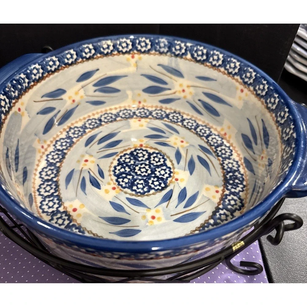 Temptations Old World Blue Round Baking‎ Casserole 1 And 2 Quart Set 2 Wire Rack